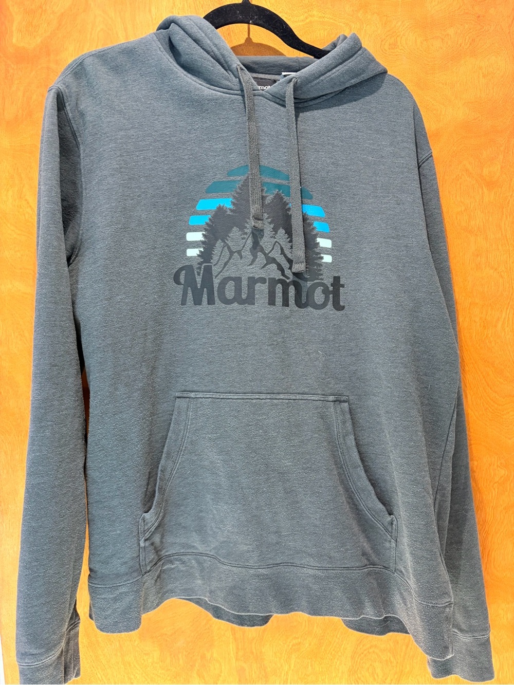 Marmot Dark Grey Hoodie with Blue and Black Mountain Graphic Mens size Large
